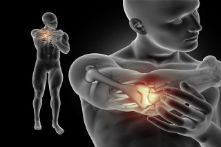 3D render of a male figure holding elbow in pain with close up of elbow bone